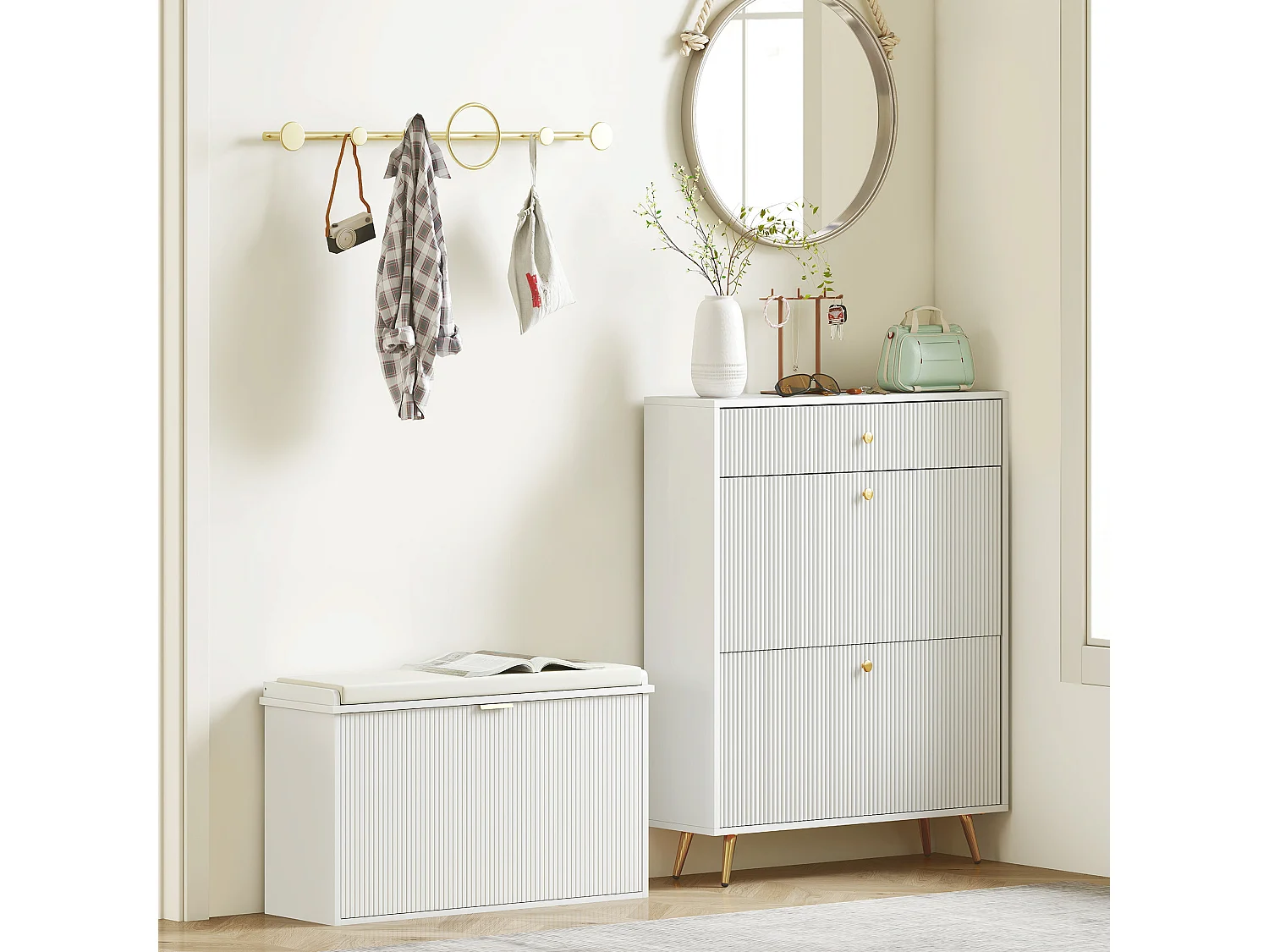 Banc meuble à chaussures design 2 en 1 - porte, séparateur réglable amovible - blanc doré