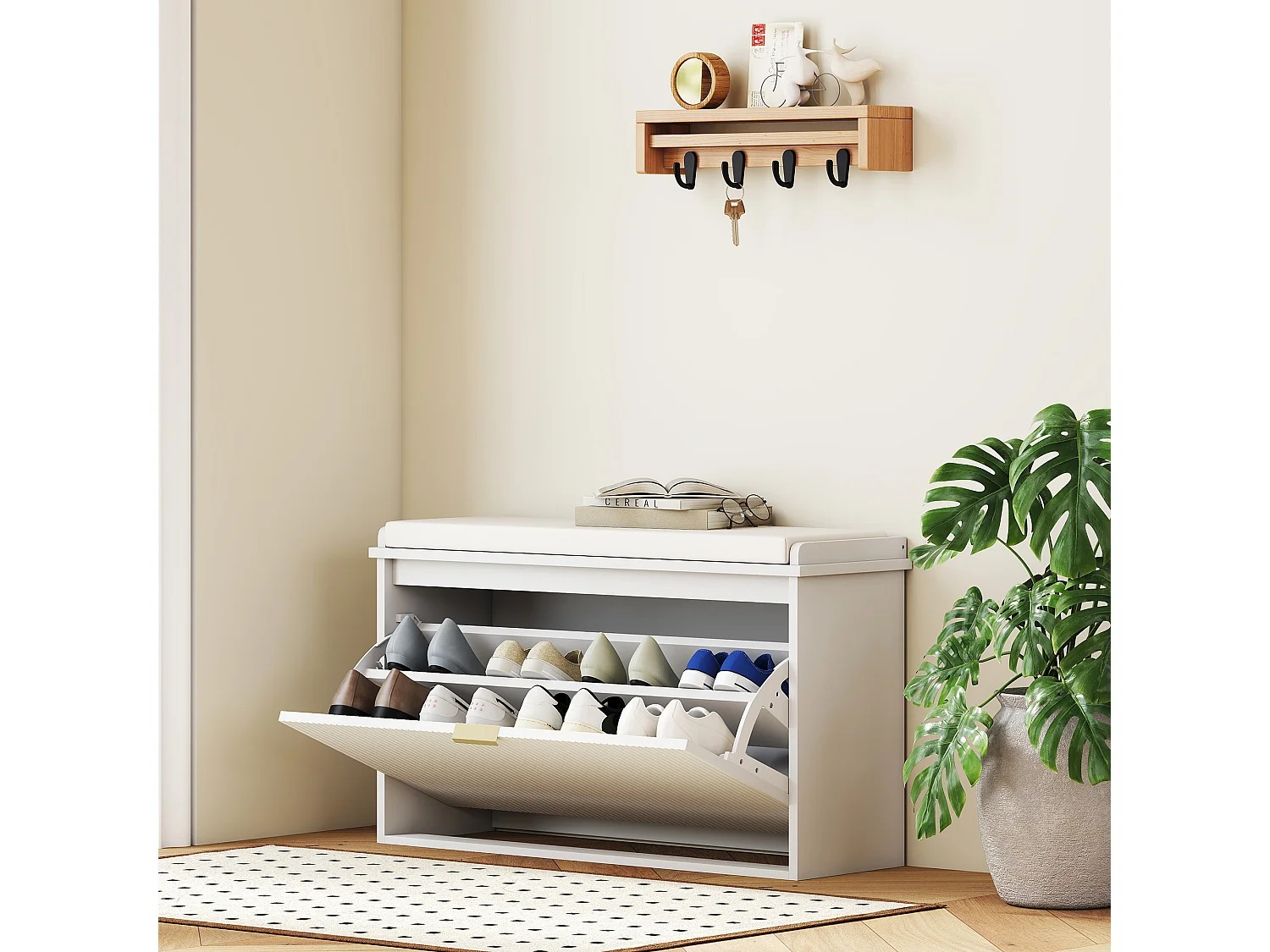 Banc meuble à chaussures design 2 en 1 - porte, séparateur réglable amovible - blanc doré