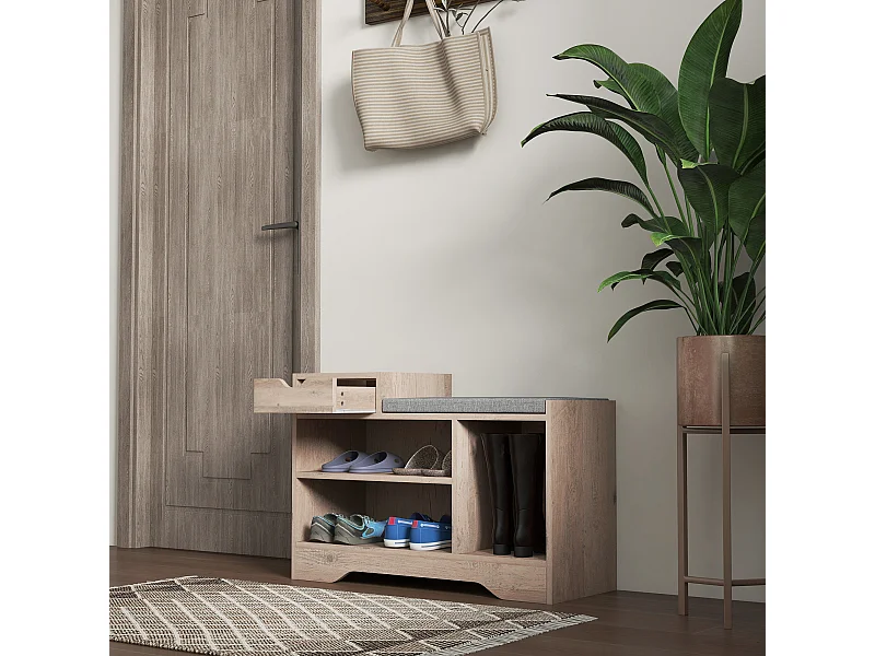 Meuble chaussures banc à chaussures tiroir 3 niches coussin gris inclus panneaux effet bois