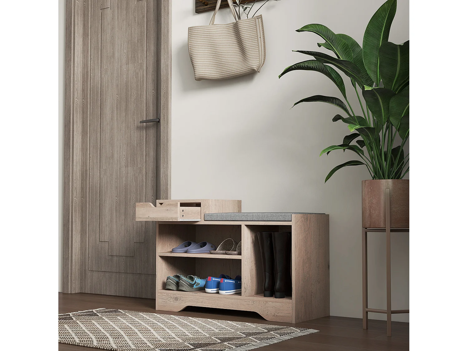 Meuble chaussures banc à chaussures tiroir 3 niches coussin gris inclus panneaux effet bois