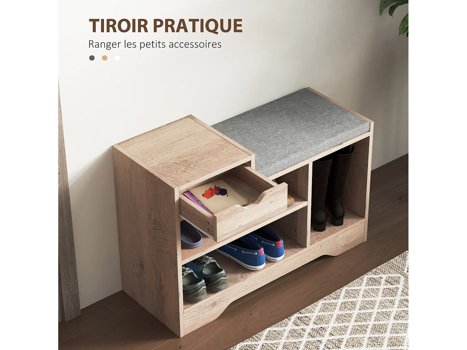 Meuble chaussures banc à chaussures tiroir 3 niches coussin gris inclus panneaux effet bois