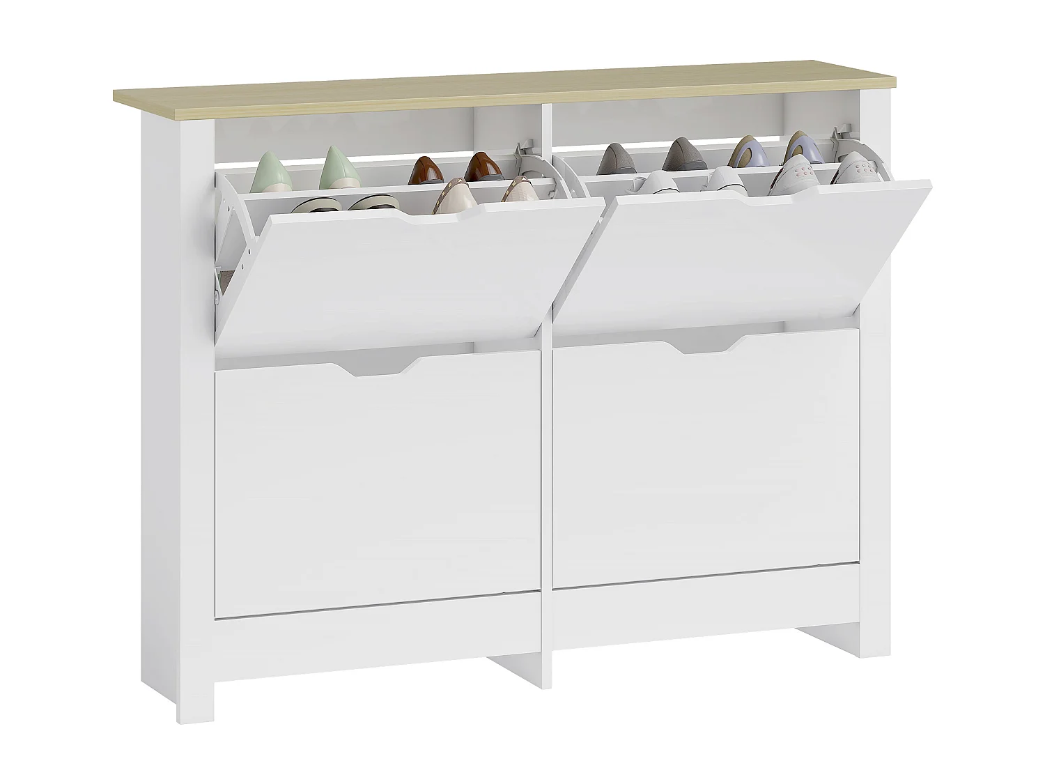 Armoire à chaussures 4 portes abattantes 2 compartiments panneaux particules blanc chêne