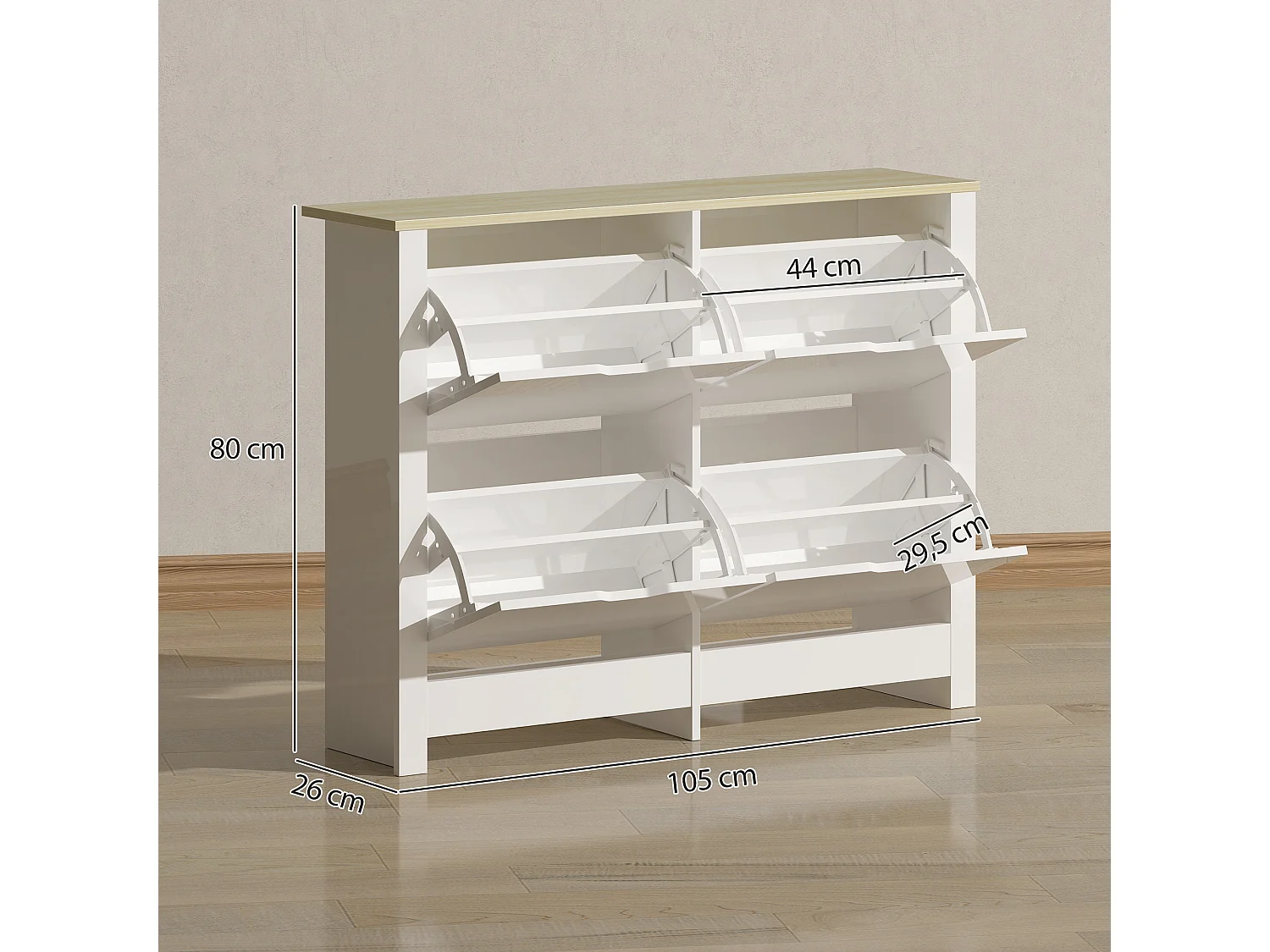 Armoire à chaussures 4 portes abattantes 2 compartiments panneaux particules blanc chêne