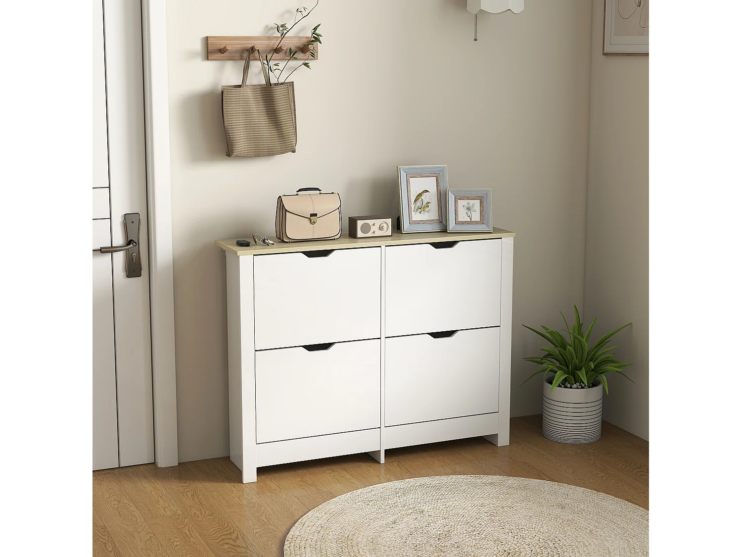 Armoire à chaussures 4 portes abattantes 2 compartiments panneaux particules blanc chêne