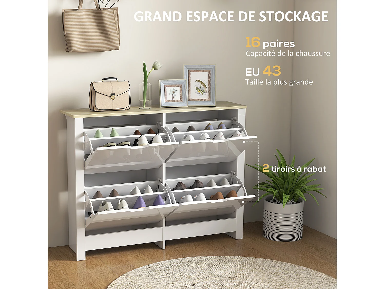 Armoire à chaussures 4 portes abattantes 2 compartiments panneaux particules blanc chêne