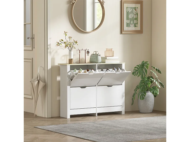 Armoire à chaussures 4 portes abattantes 2 compartiments panneaux particules blanc chêne