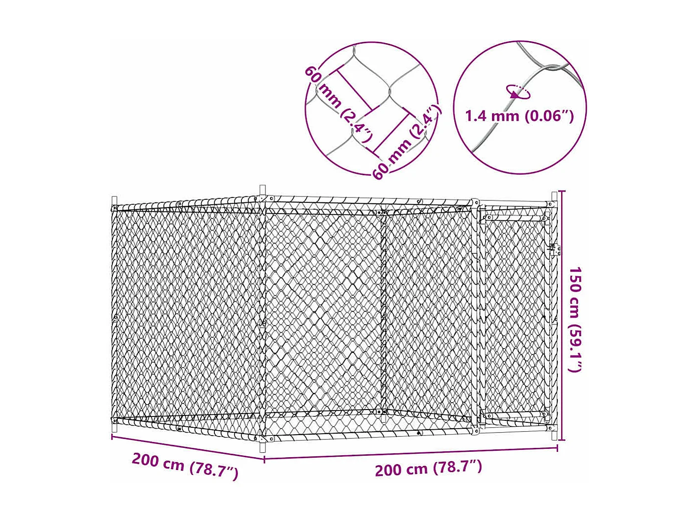 Cage pour chien avec porte gris 2x2x1,5 m acier galvanisé
