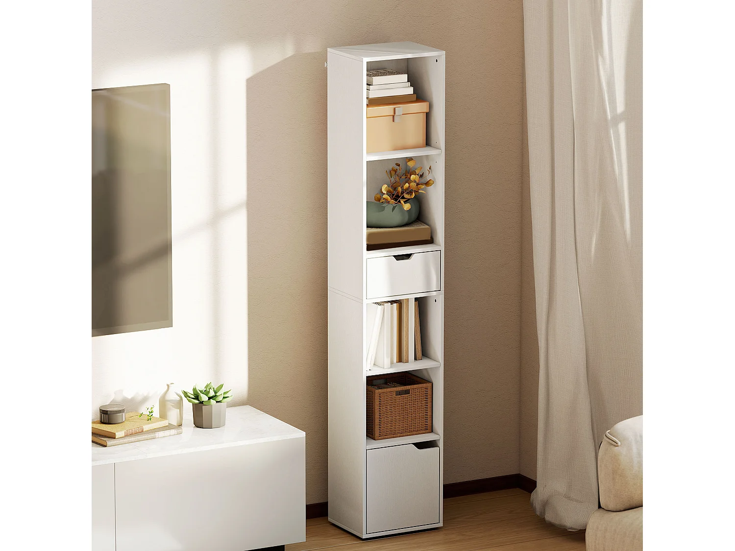 Etagère bibliothèque colonne H.158cm - 4 niches, tiroir, porte - blanc