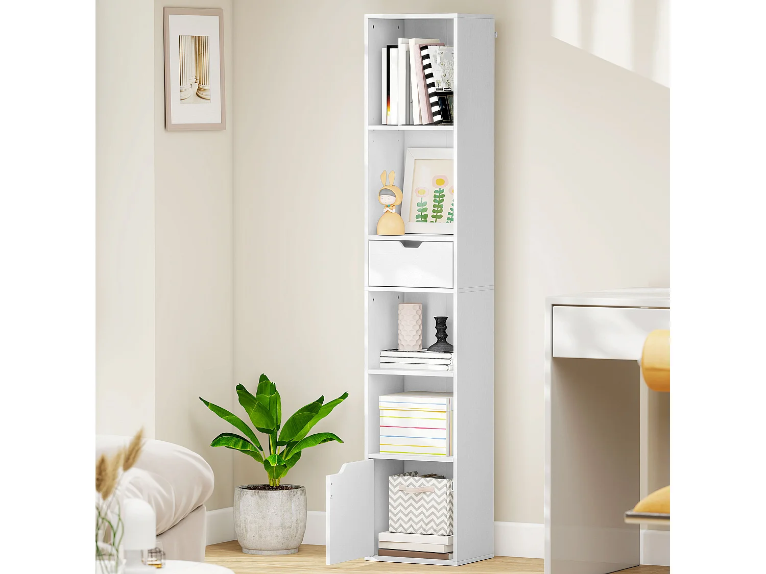 Etagère bibliothèque colonne H.158cm - 4 niches, tiroir, porte - blanc