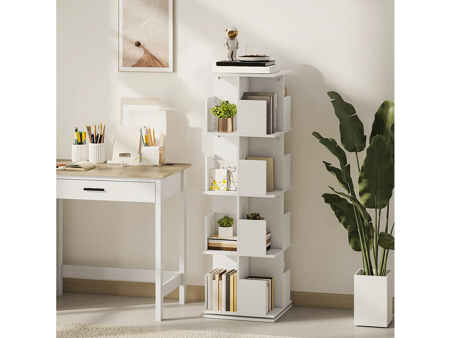 Bibliothèque rotative 4 niveaux 16 compartiments dim. 39x39x128cm blanc