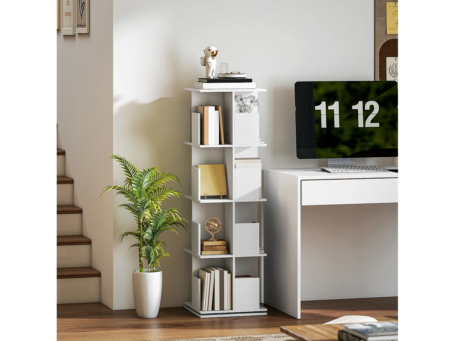 Bibliothèque rotative 4 niveaux 16 compartiments dim. 39x39x128cm blanc