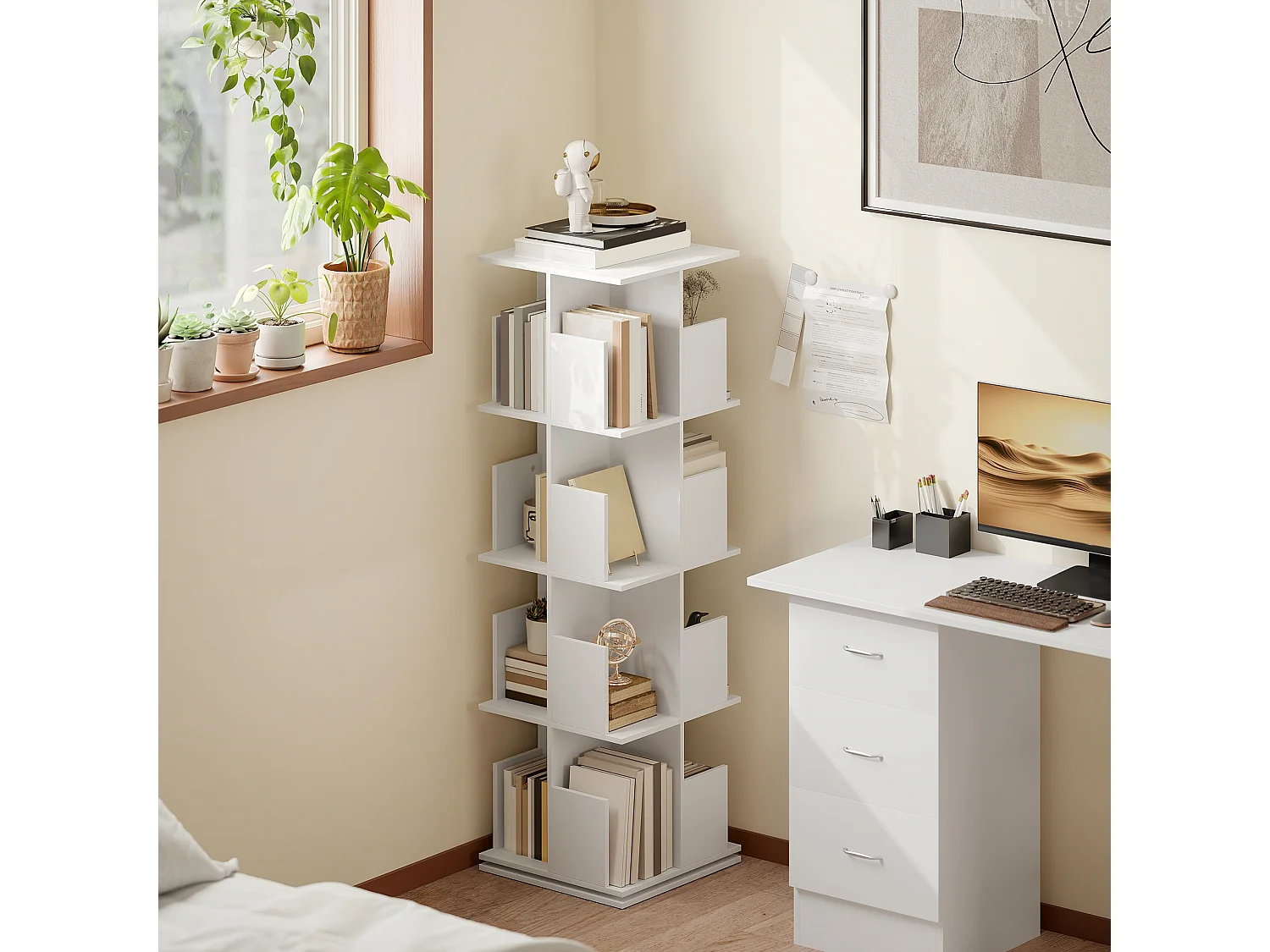 Bibliothèque rotative 4 niveaux 16 compartiments dim. 39x39x128cm blanc