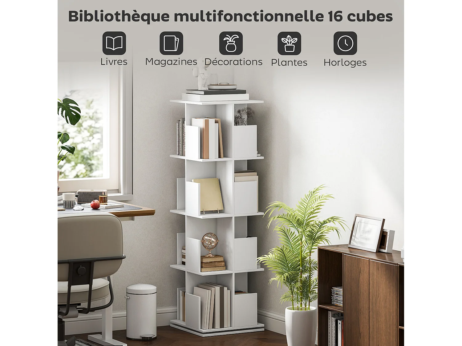 Bibliothèque rotative 4 niveaux 16 compartiments dim. 39x39x128cm blanc