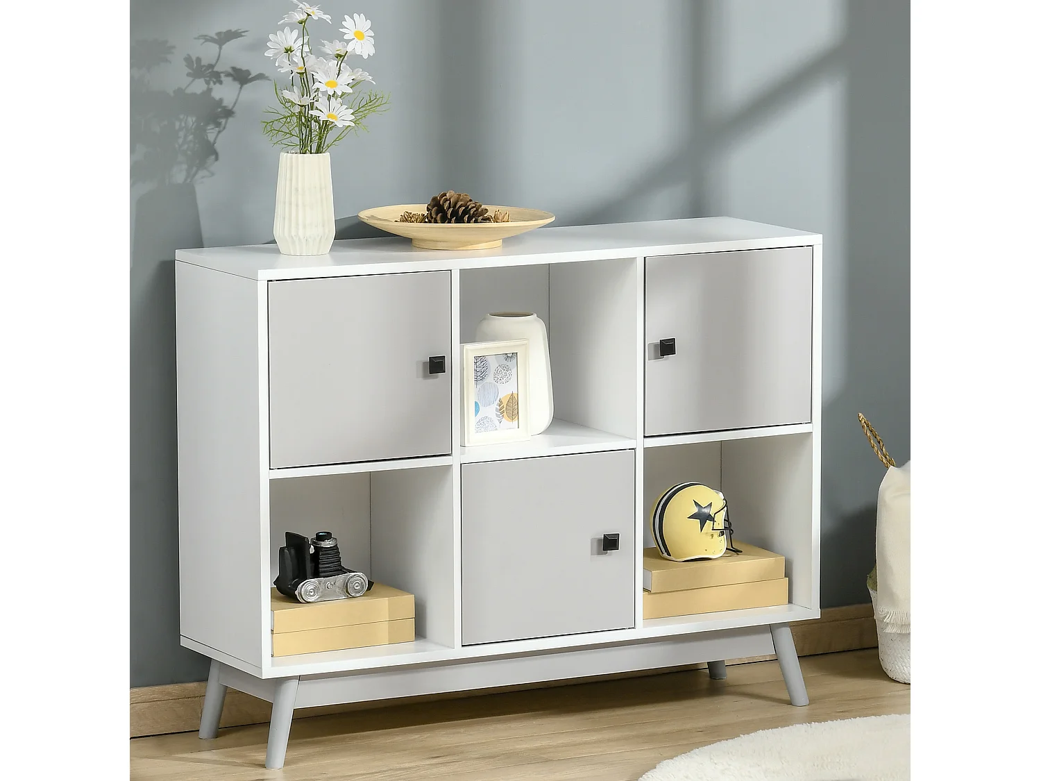Bibliothèque meuble de rangement design scandinave 3 niches 3 portes panneaux particules blanc gris