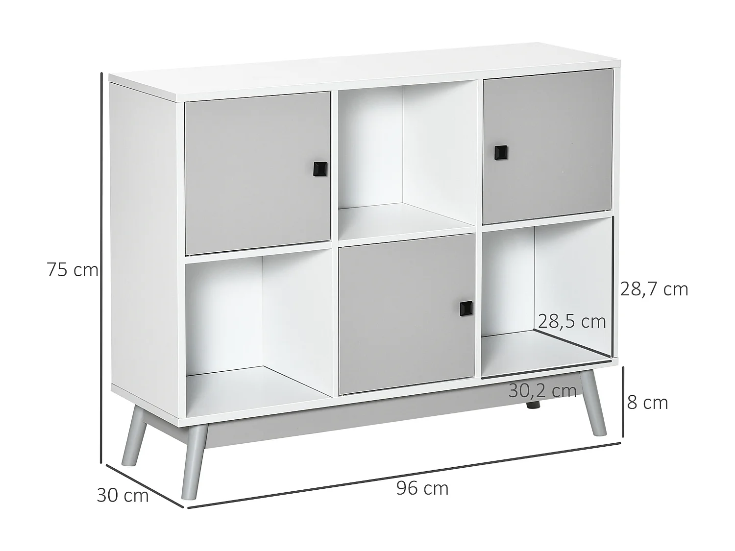 Bibliothèque meuble de rangement design scandinave 3 niches 3 portes panneaux particules blanc gris