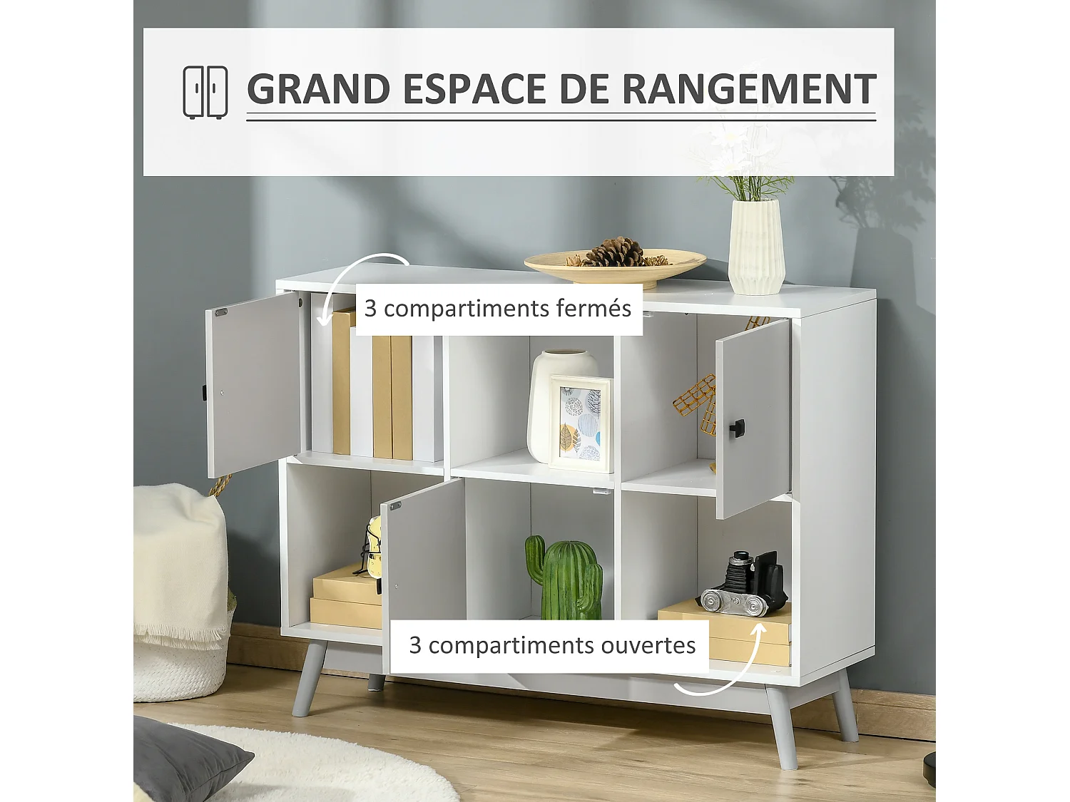 Bibliothèque meuble de rangement design scandinave 3 niches 3 portes panneaux particules blanc gris