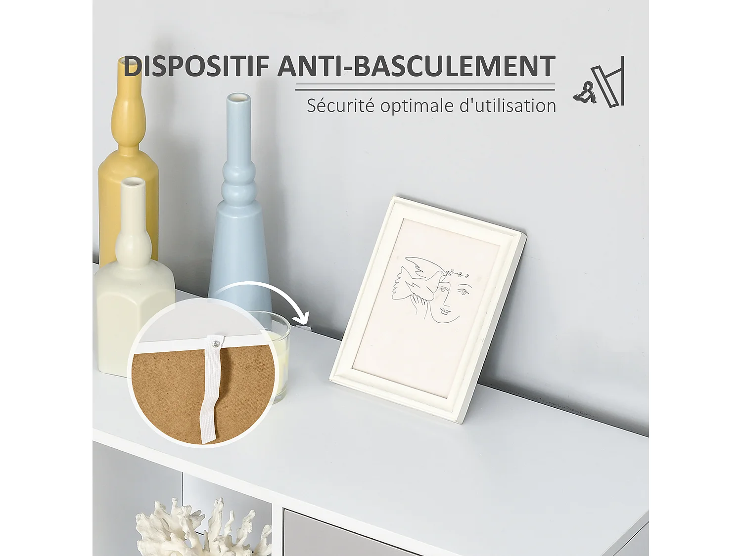 Bibliothèque meuble de rangement design scandinave 3 niches 3 portes panneaux particules blanc gris