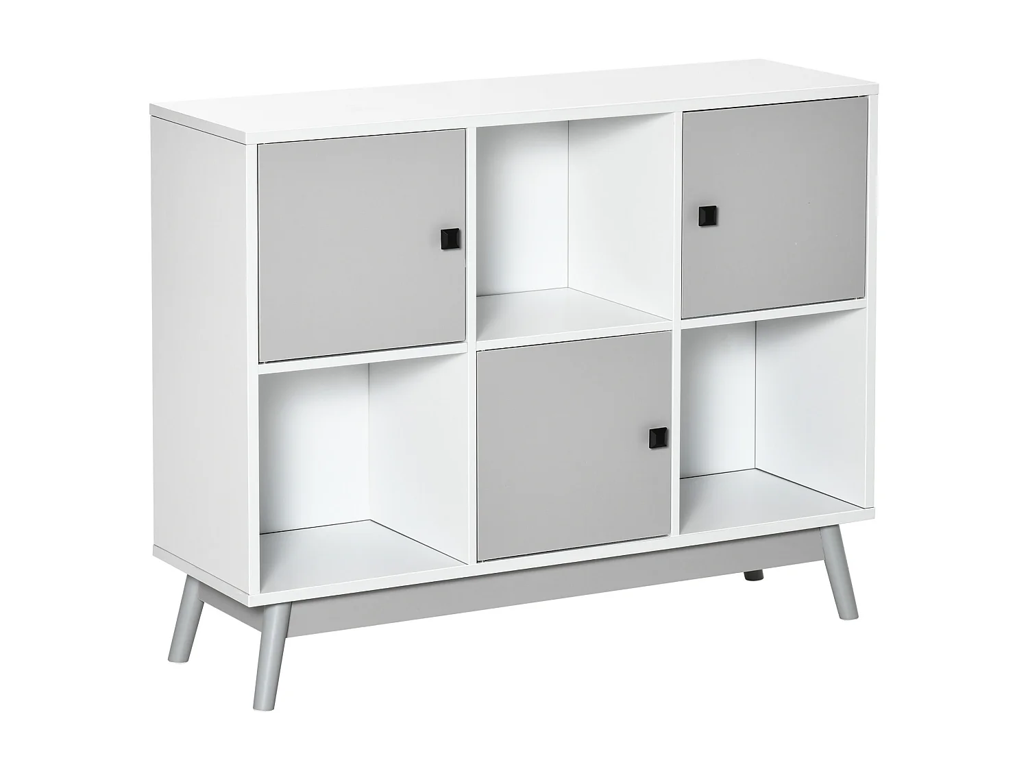 Bibliothèque meuble de rangement design scandinave 3 niches 3 portes panneaux particules blanc gris