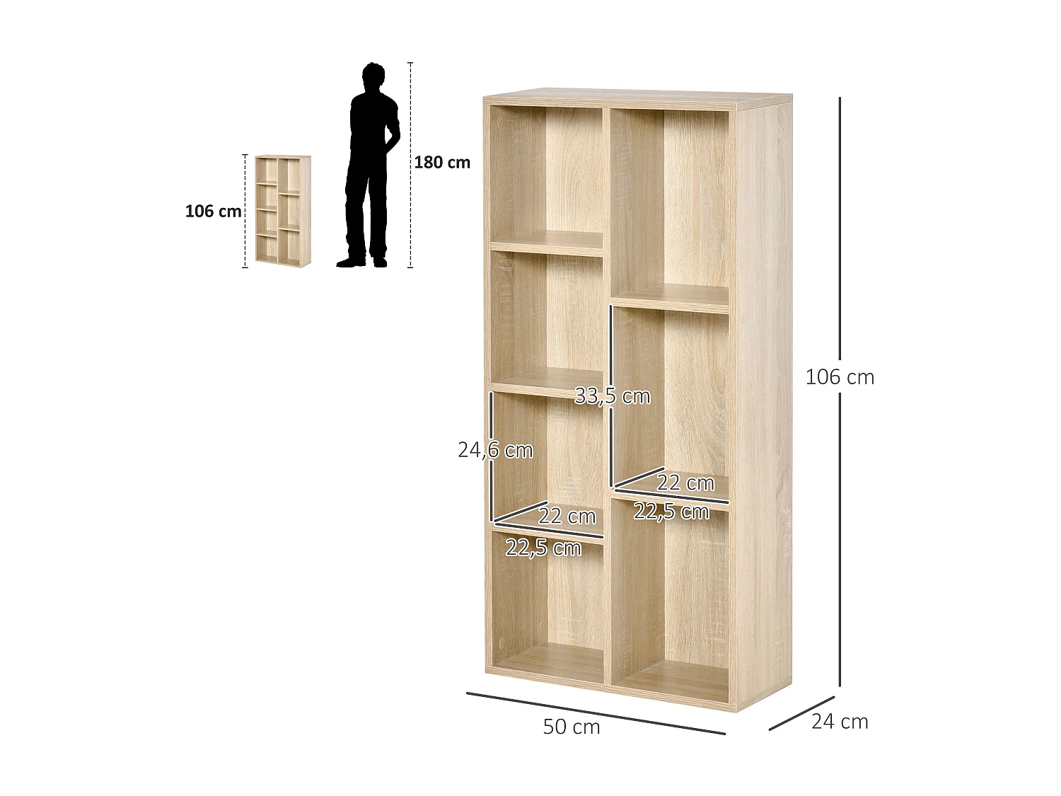 Bibliothèque étagère cube 7 compartiments 50l x 24P x 106H cm bois naturel