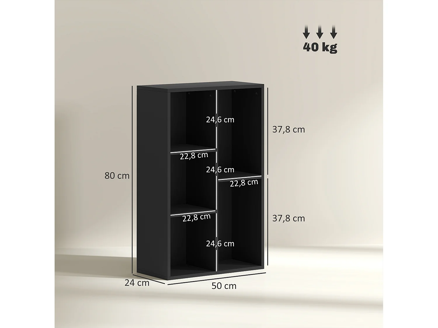 Étagère cube - bibliothèque - rangement 5 compartiments - dim. 50 x 24 x 80 cm - noir
