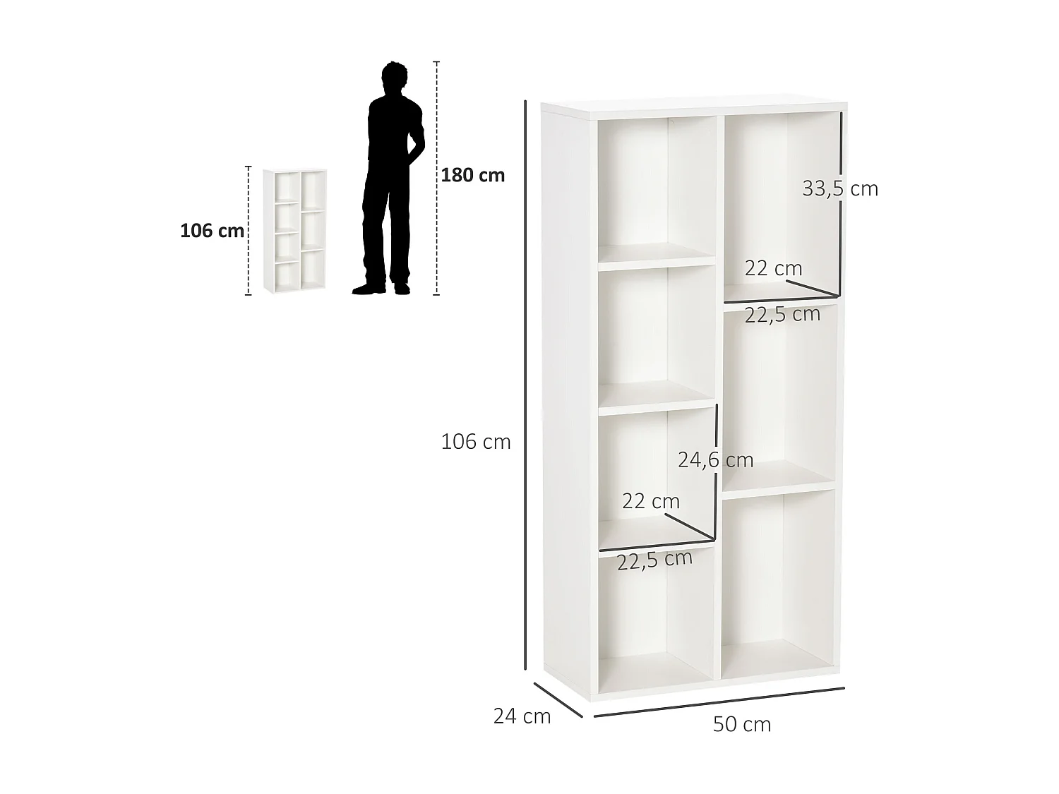 Bibliothèque rangement étagère cube 7 compartiments dim. 50L x 24l x 106H cm blanc