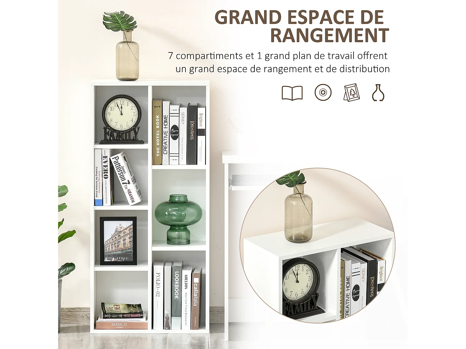 Bibliothèque rangement étagère cube 7 compartiments dim. 50L x 24l x 106H cm blanc