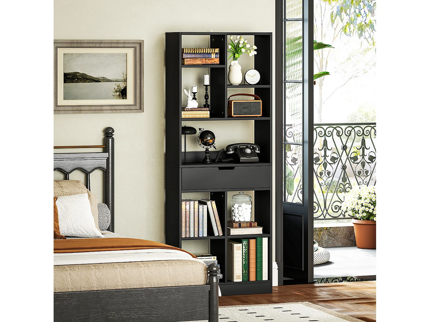 Bibliothèque multi-rangement 9 niches grand tiroir dim. 60x26x158cm noir