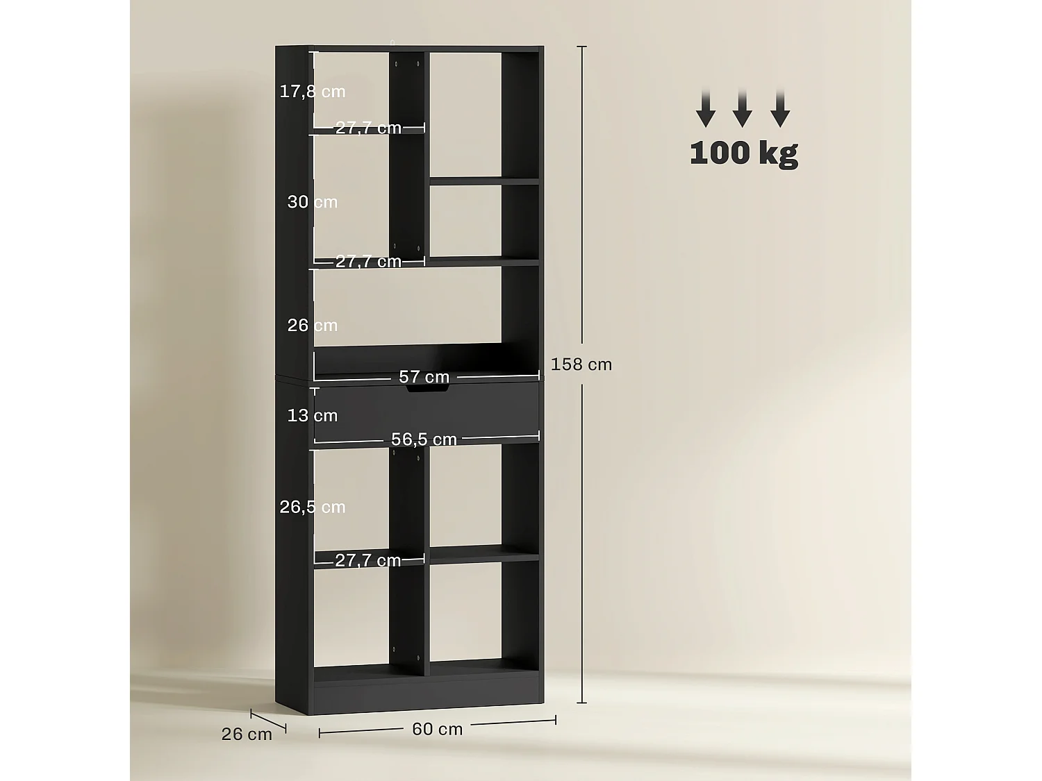 Bibliothèque multi-rangement 9 niches grand tiroir dim. 60x26x158cm noir
