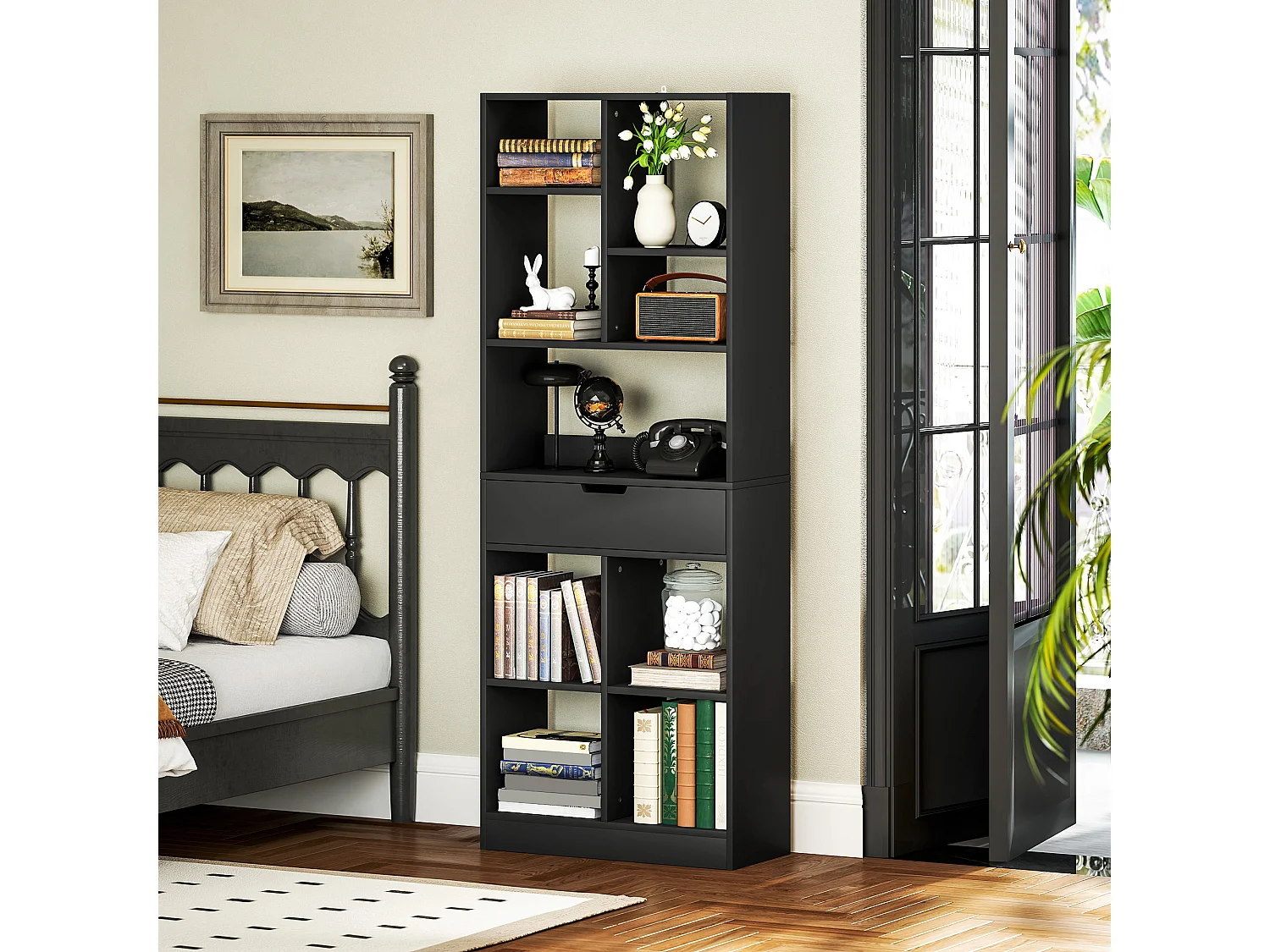 Bibliothèque multi-rangement 9 niches grand tiroir dim. 60x26x158cm noir