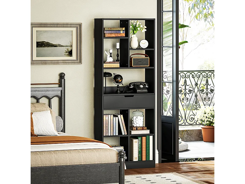 Bibliothèque multi-rangement 9 niches grand tiroir dim. 60x26x158cm noir