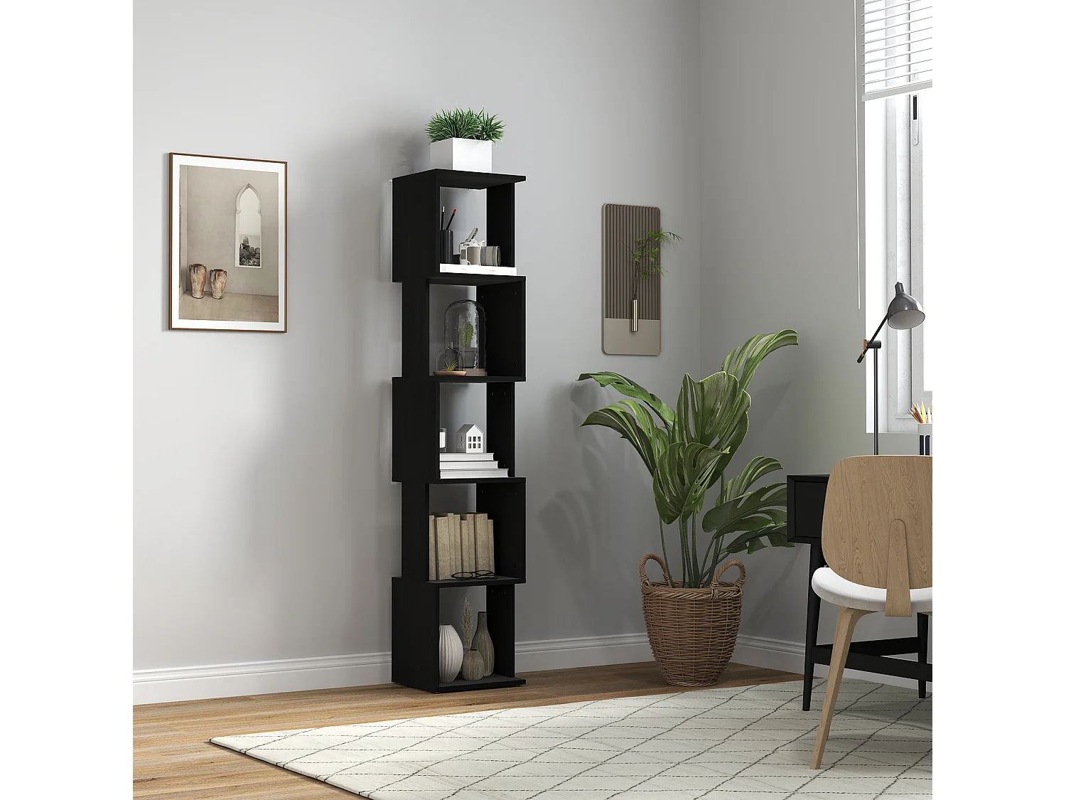 Bibliothèque étagère design zig zag 5 niveaux dim. 33 x 28 x 161 cm noir