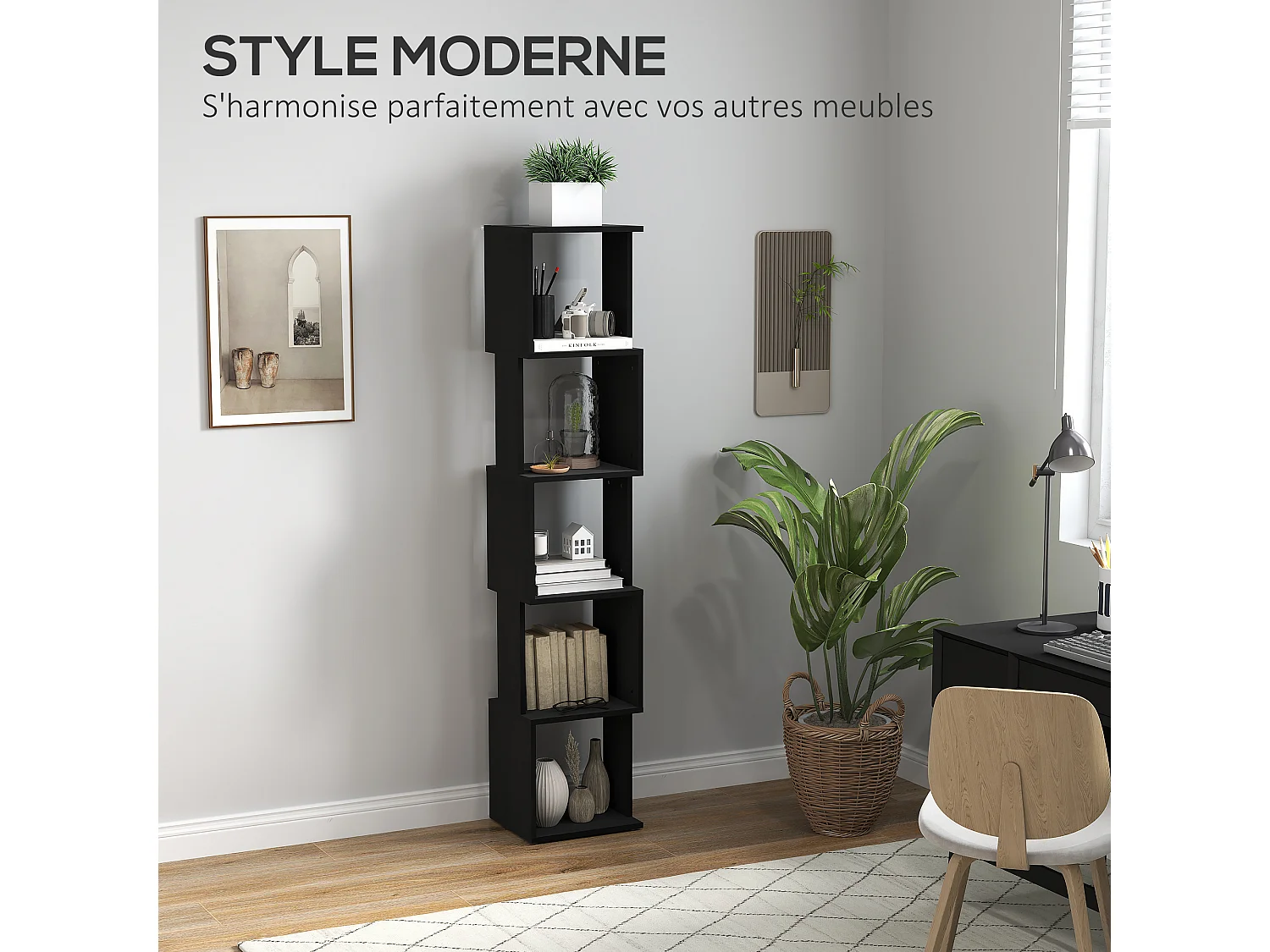 Bibliothèque étagère design zig zag 5 niveaux dim. 33 x 28 x 161 cm noir