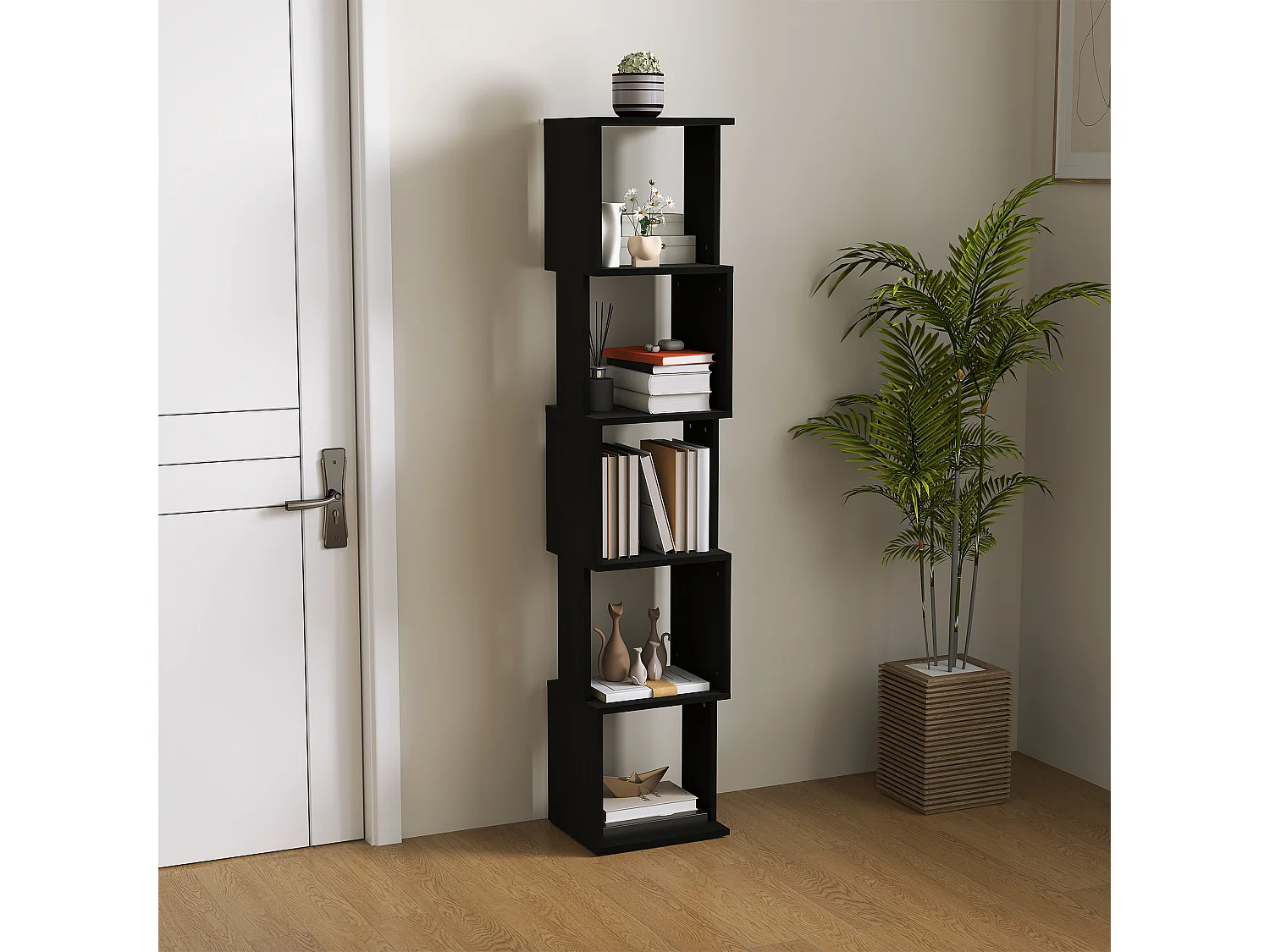 Bibliothèque étagère design zig zag 5 niveaux dim. 33 x 28 x 161 cm noir