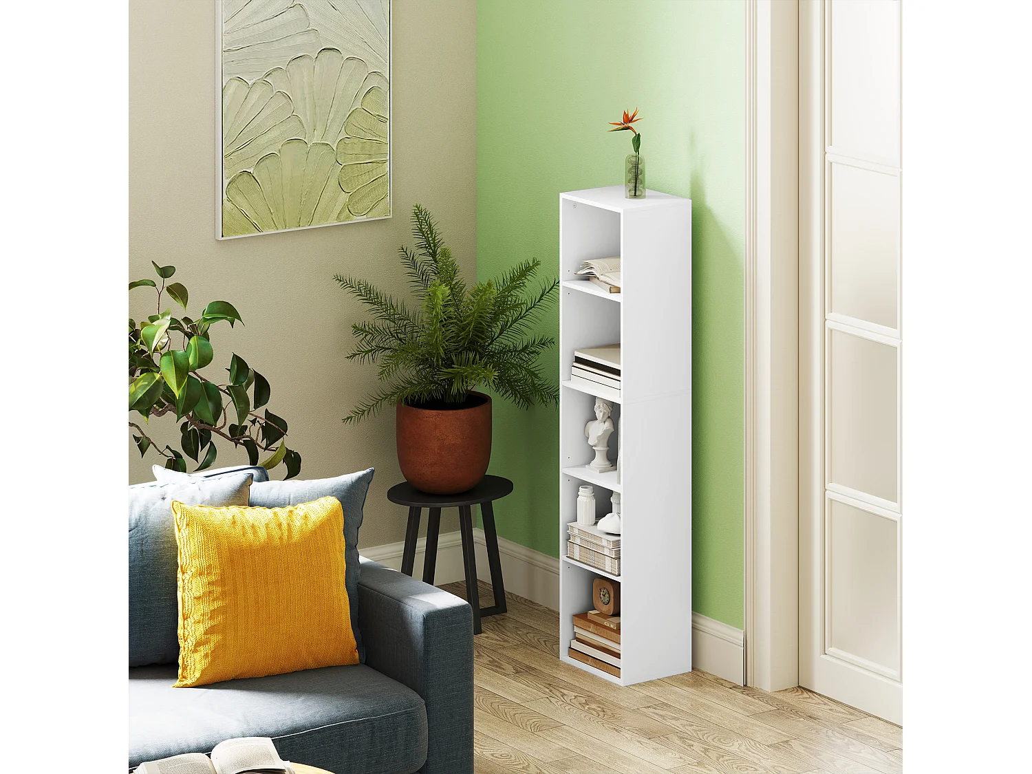 Étagère cube colonne - bibliothèque - rangement 5 compartiments - dim. 30 x 24 x 133 cm - blanc