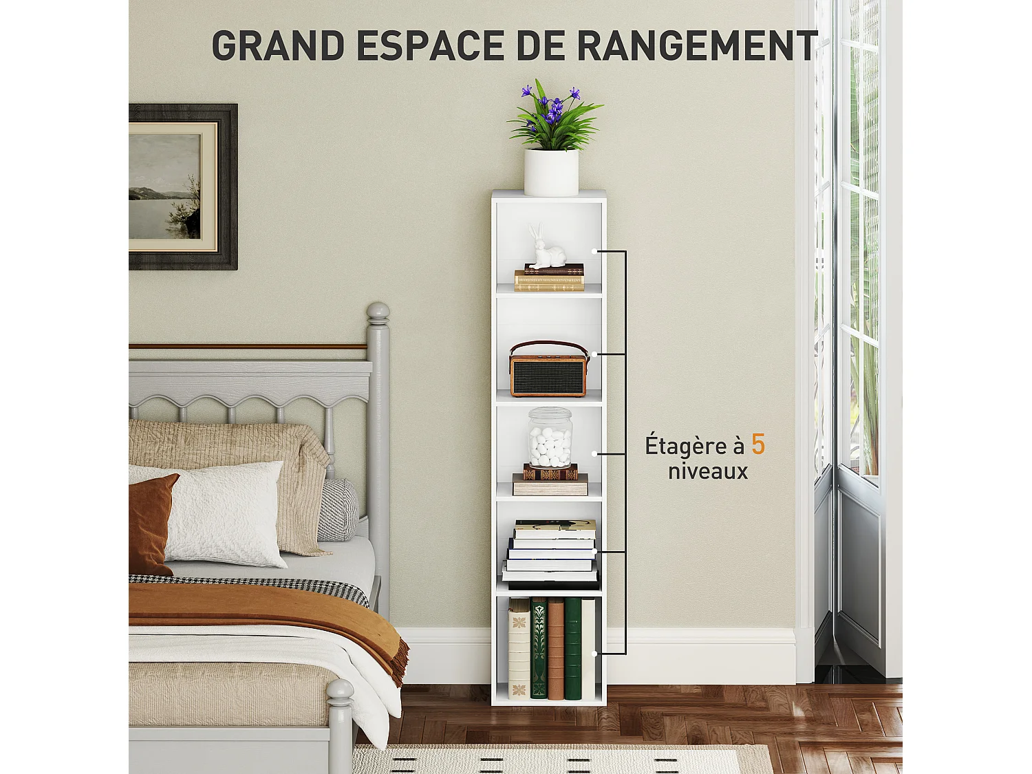Étagère cube colonne - bibliothèque - rangement 5 compartiments - dim. 30 x 24 x 133 cm - blanc