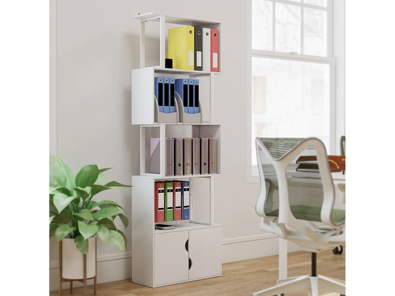 Bibliothèque design zig zag - 4 étagères, 2 portes - effet bois acier blanc