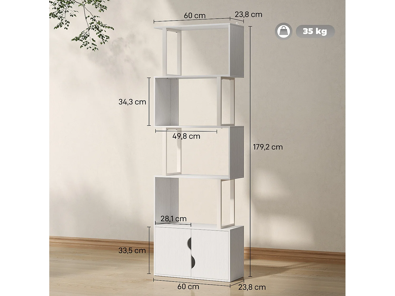 Bibliothèque design zig zag - 4 étagères, 2 portes - effet bois acier blanc