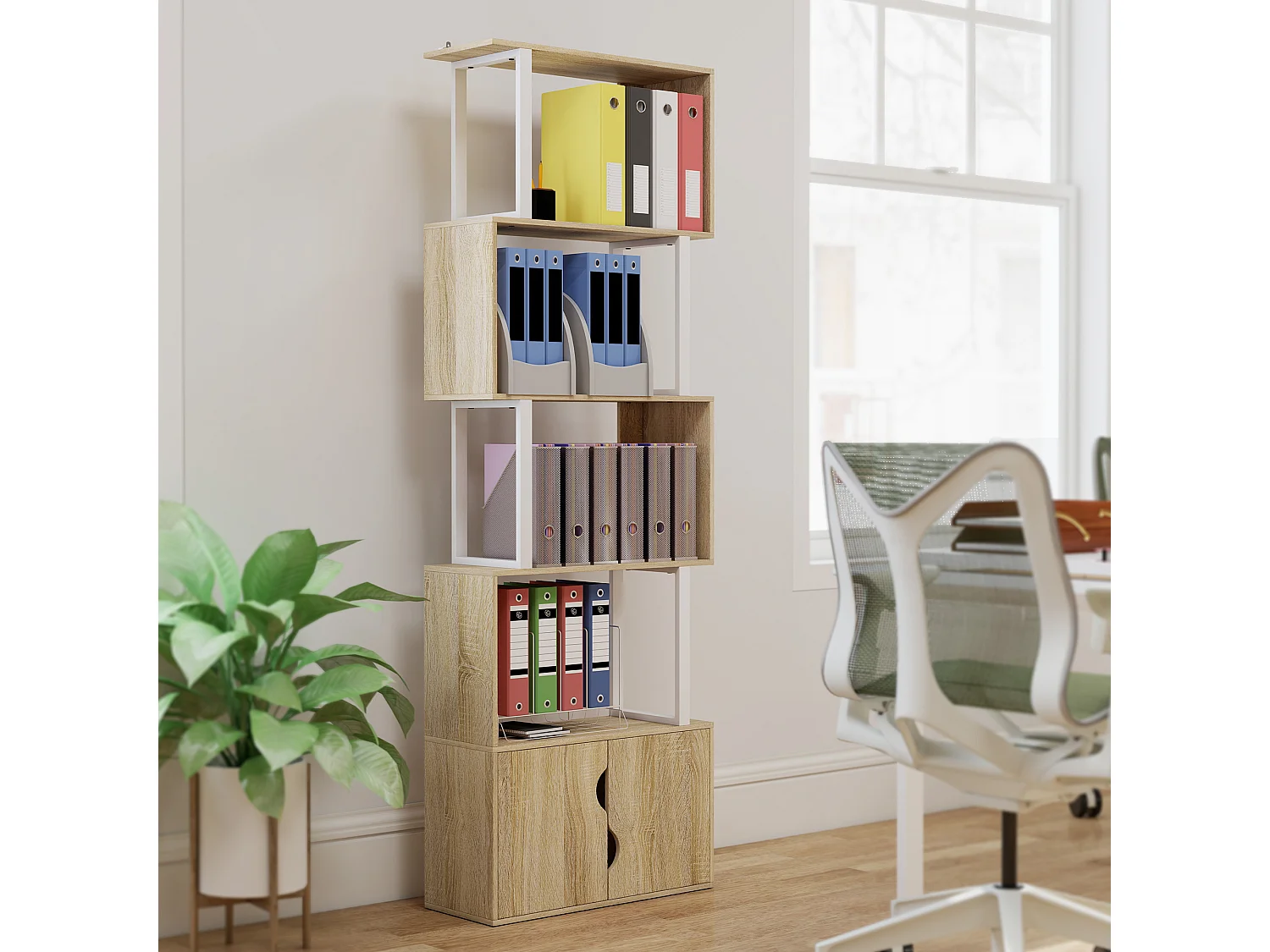 Bibliothèque design zig zag - 4 étagères, 2 portes - effet bois acier naturel