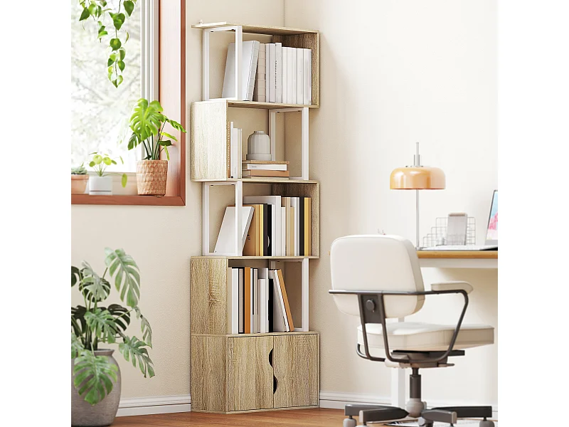 Bibliothèque design zig zag - 4 étagères, 2 portes - effet bois acier naturel