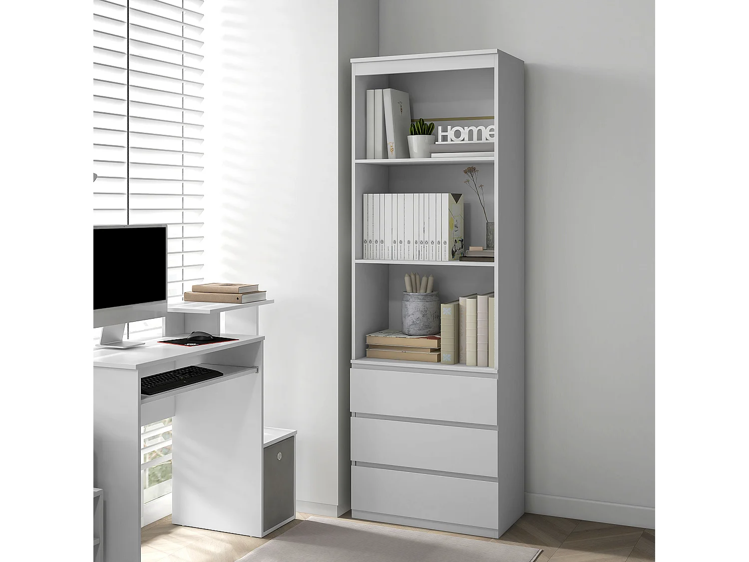 Bibliothèque 3 étagères 3 tiroirs - dim. 60L x 35l x 180H cm - panneaux aspect bois blanc