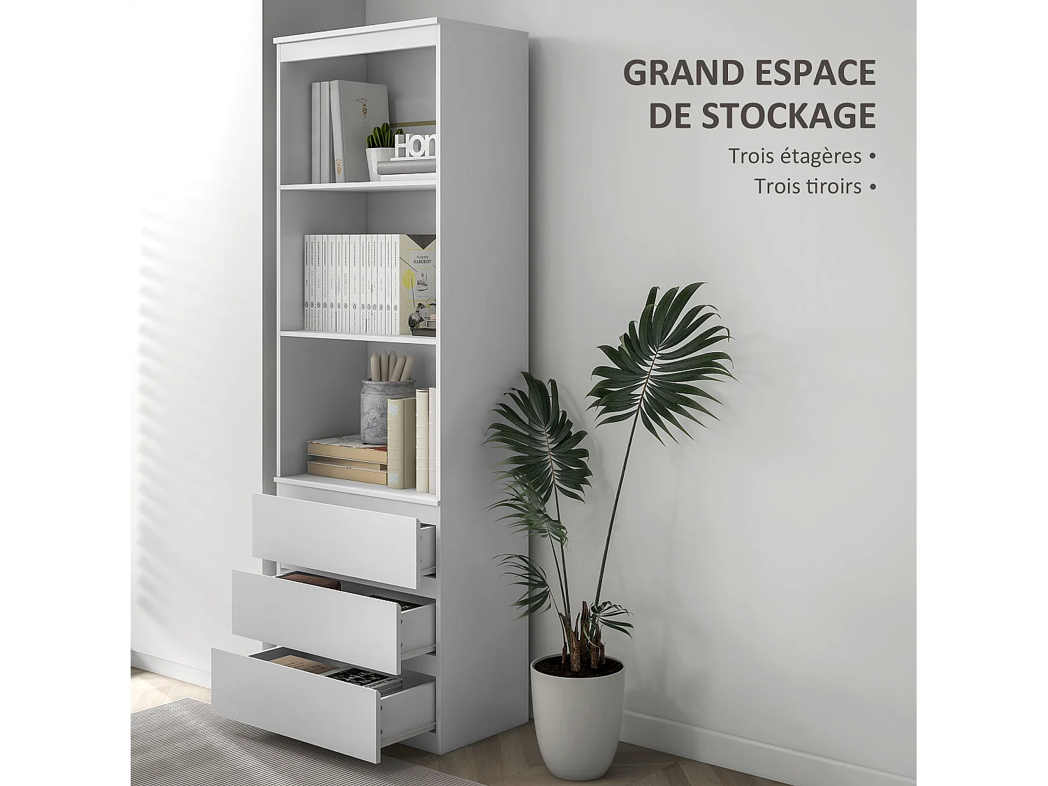 Bibliothèque 3 étagères 3 tiroirs - dim. 60L x 35l x 180H cm - panneaux aspect bois blanc