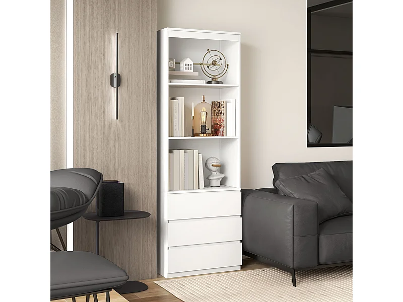 Bibliothèque 3 étagères 3 tiroirs - dim. 60L x 35l x 180H cm - panneaux aspect bois blanc