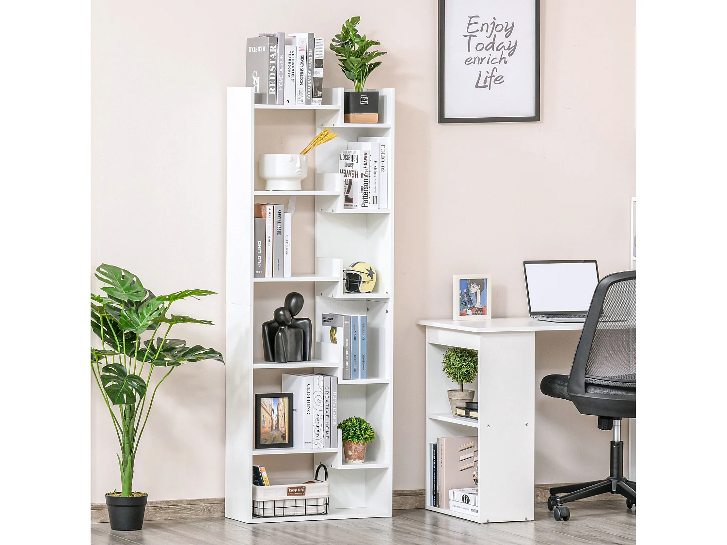 Bibliothèque étagère 6 niveaux design zig zag dim. 60 x 21 x 162,5 cm effet bois blanc