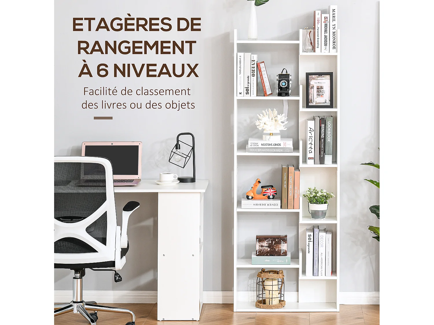 Bibliothèque étagère 6 niveaux design zig zag dim. 60 x 21 x 162,5 cm effet bois blanc