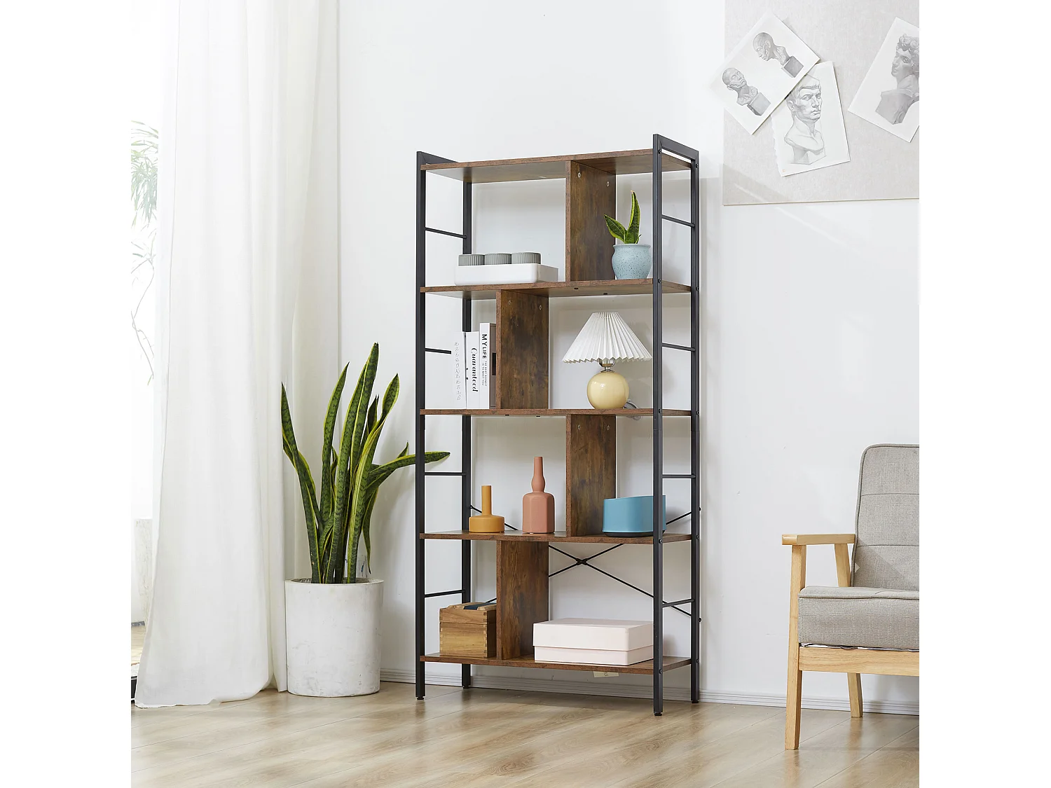 Bibliothèque 5 niveaux design industriel - dim. 74 x 30 x 157,5 cm - acier noir effet bois vieilli