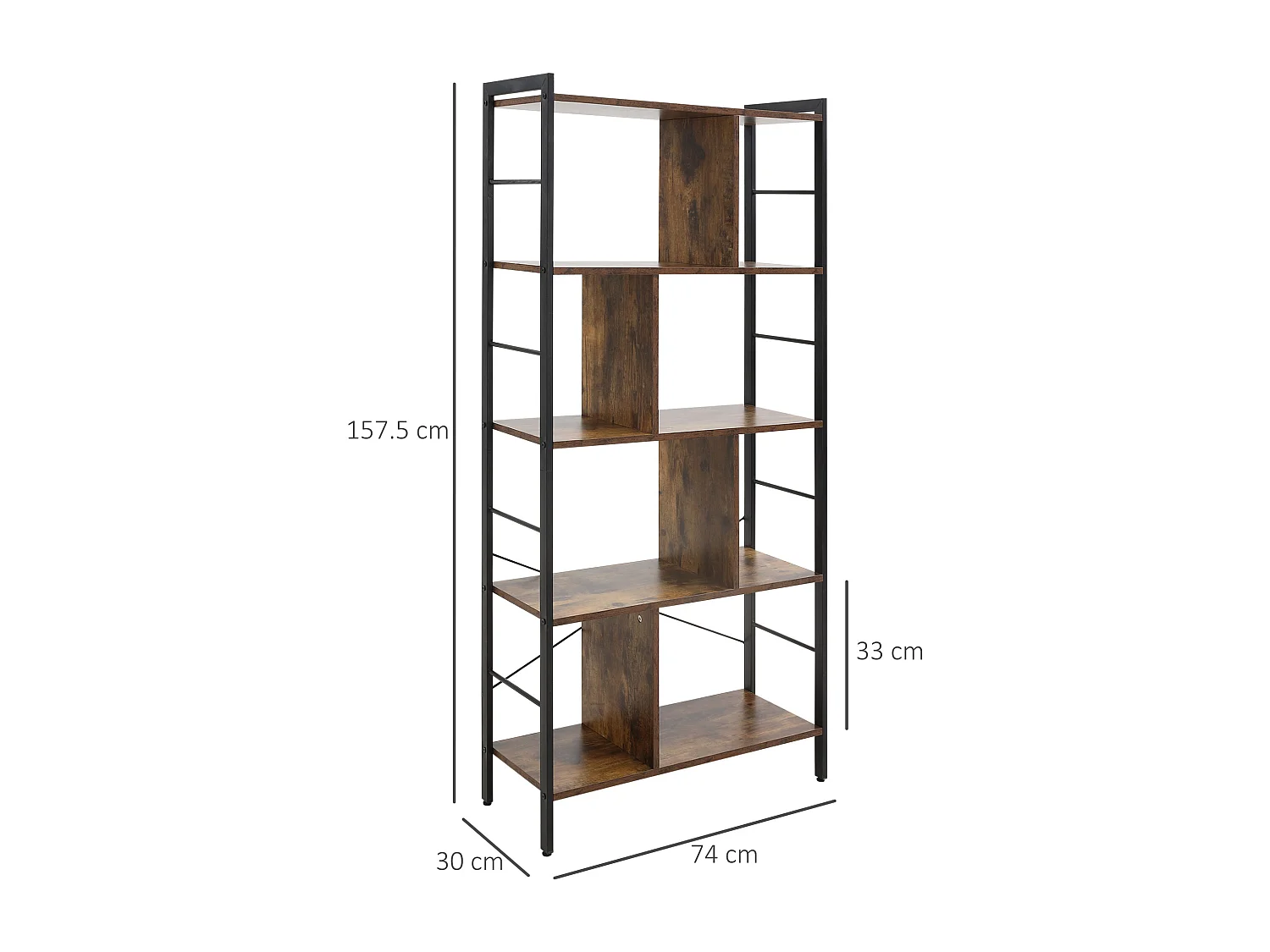 Bibliothèque 5 niveaux design industriel - dim. 74 x 30 x 157,5 cm - acier noir effet bois vieilli