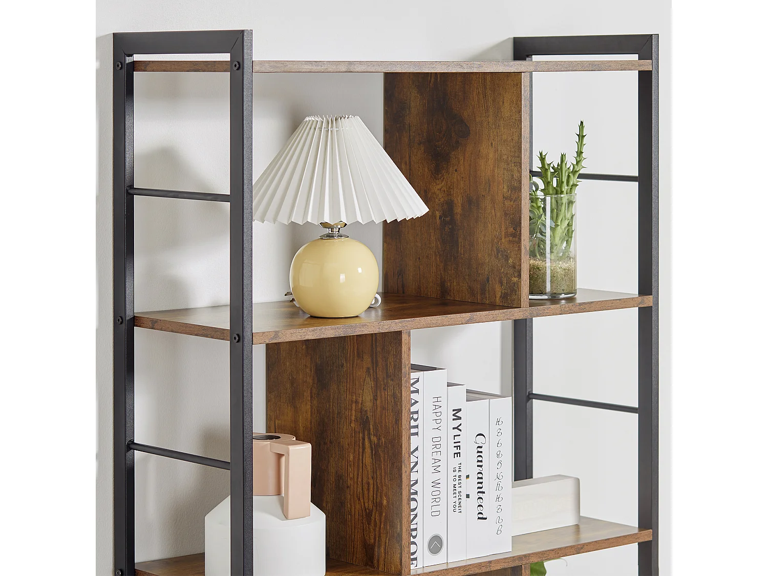 Bibliothèque 5 niveaux design industriel - dim. 74 x 30 x 157,5 cm - acier noir effet bois vieilli