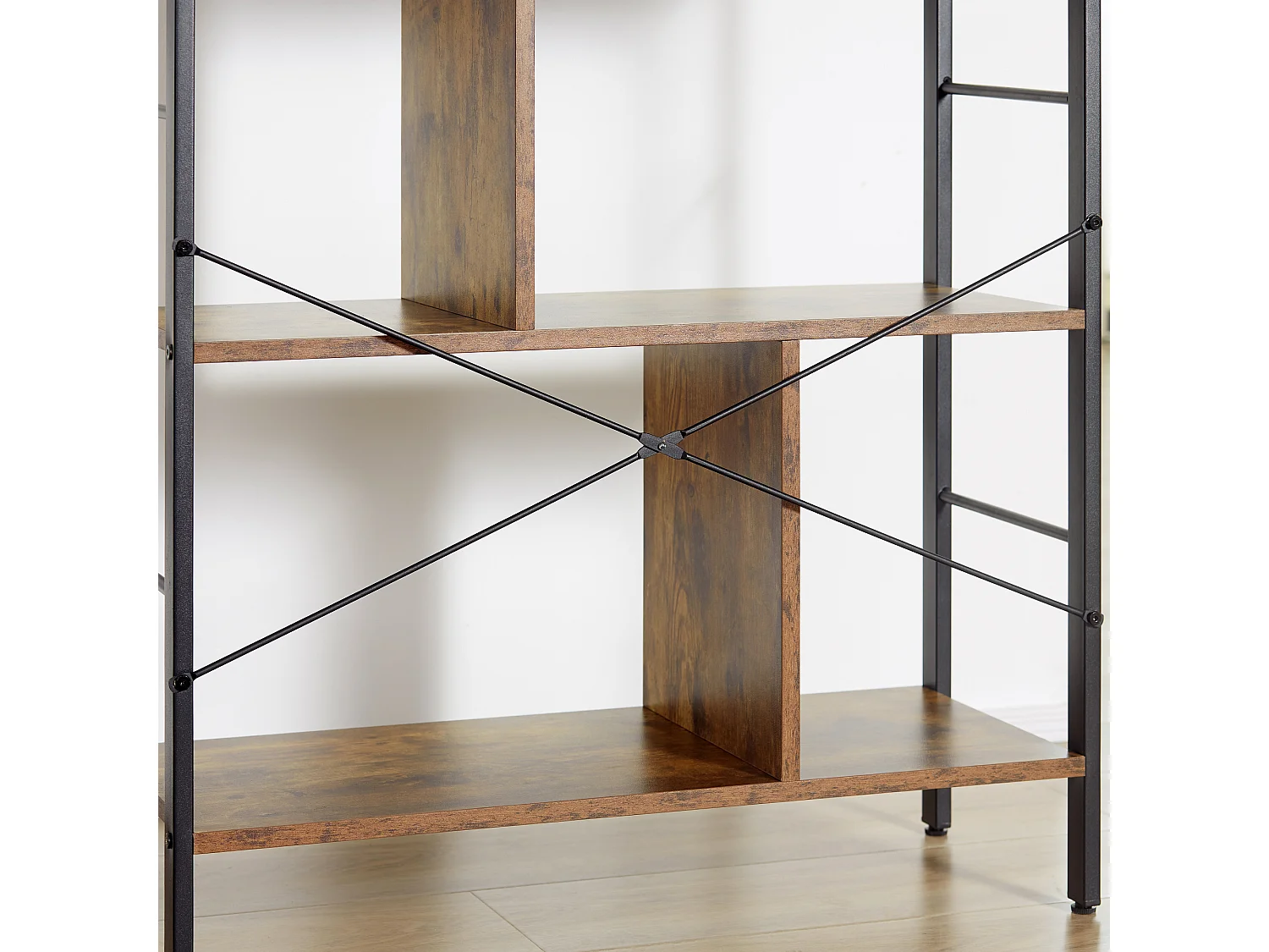 Bibliothèque 5 niveaux design industriel - dim. 74 x 30 x 157,5 cm - acier noir effet bois vieilli