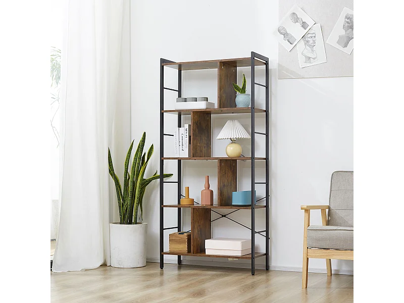 Bibliothèque 5 niveaux design industriel - dim. 74 x 30 x 157,5 cm - acier noir effet bois vieilli