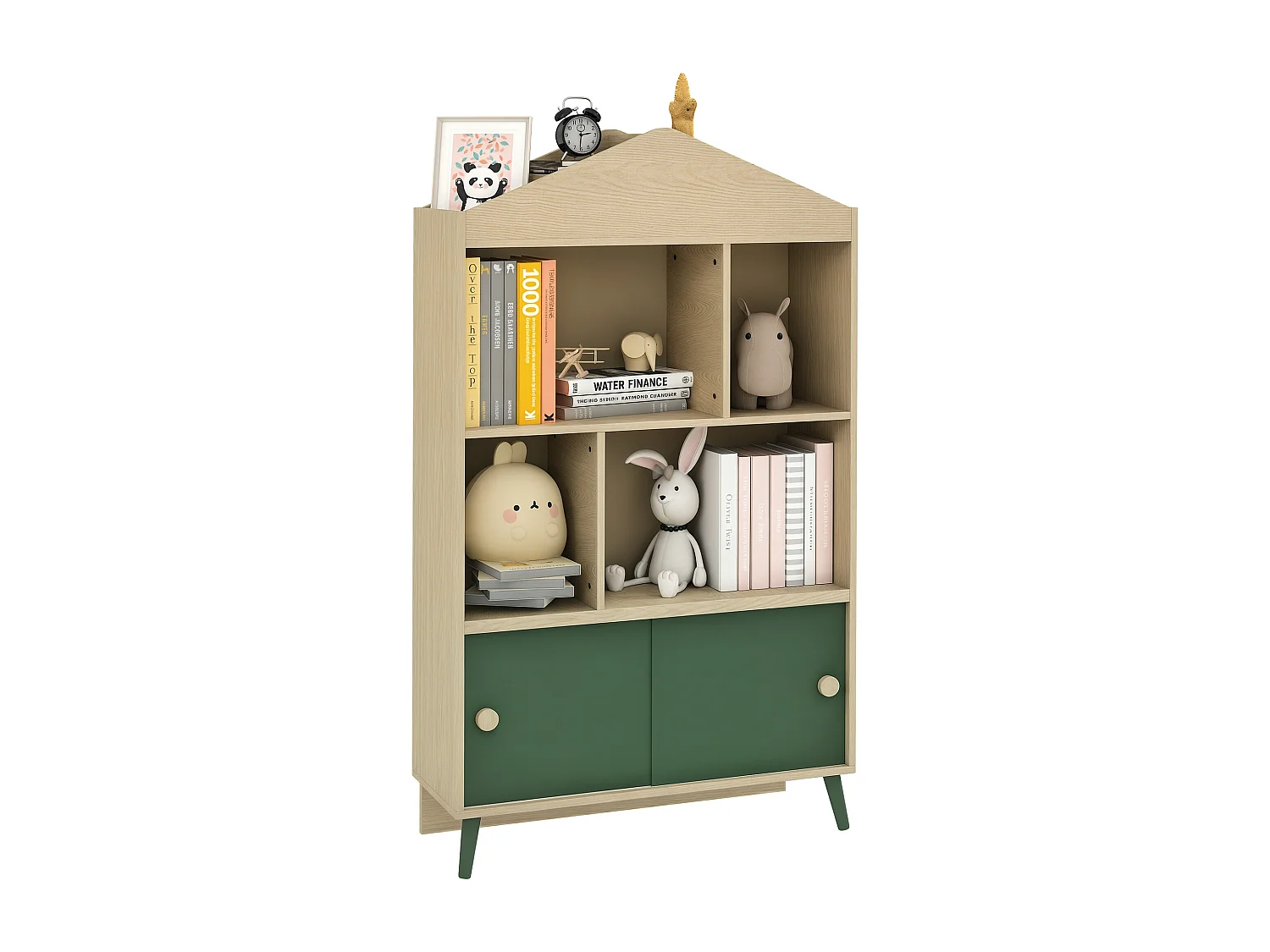Bibliothèque enfant design maisonnette nordique - 2 portes coulissantes, 4 niches, 4 compartiments - aspect bois vert